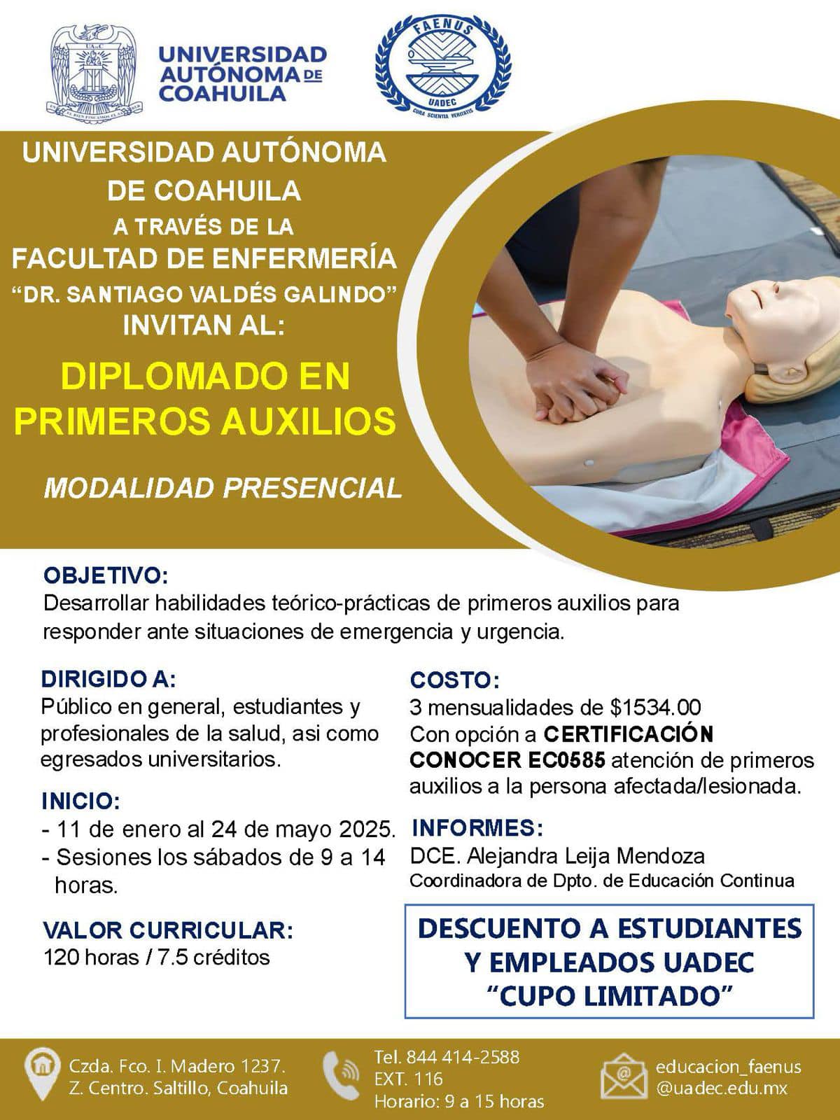 Abre convocatoria UAdeC a Diplomado en Primeros Auxilios