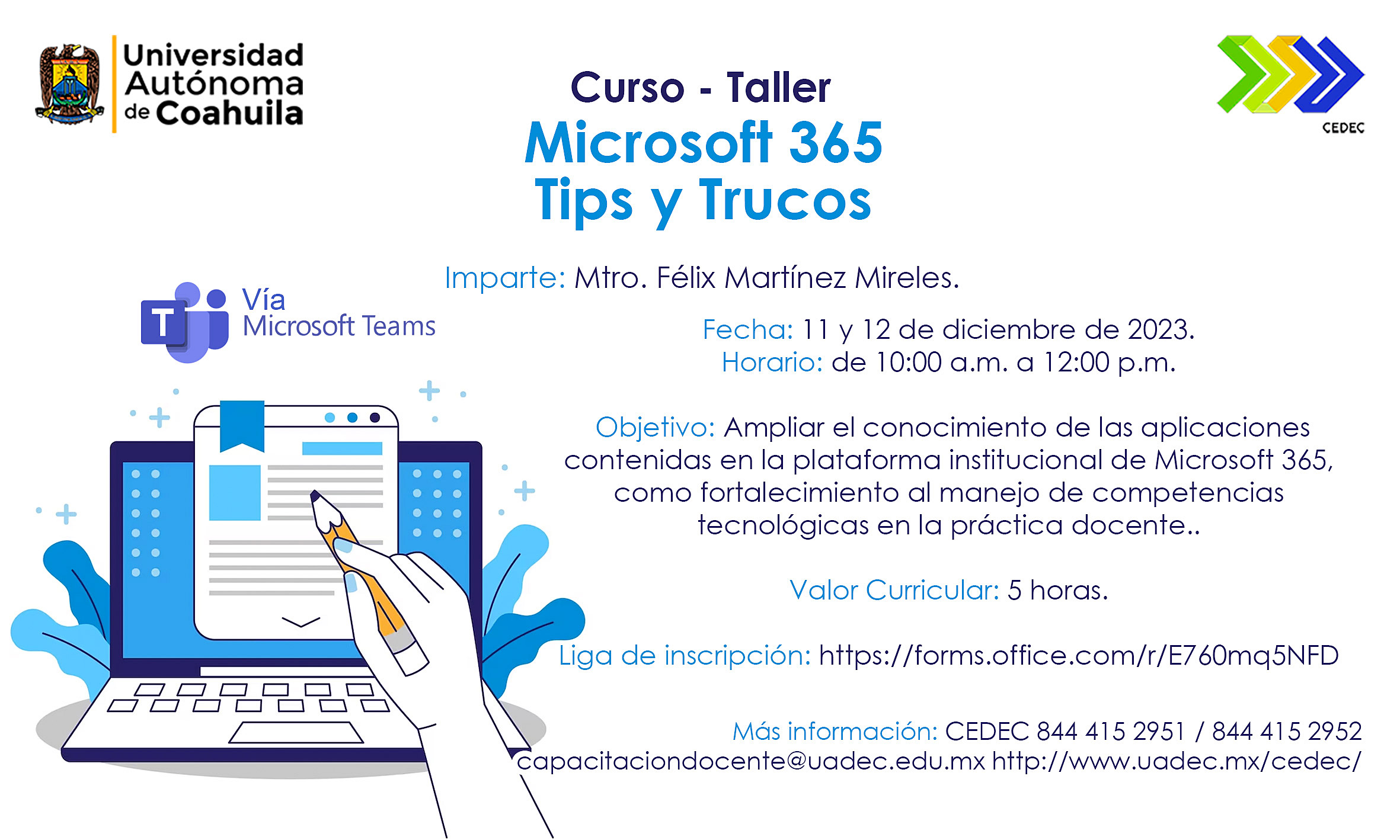 Convoca UAdeC a sus docentes a tomar el curso-taller “Microsoft 365 Tips y Trucos”