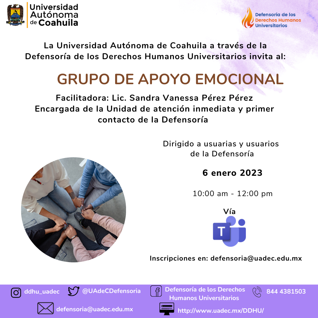 Invita Defensoría de los Derechos Humanos Universitarios de la UAdeC a Grupo de Apoyo Emocional