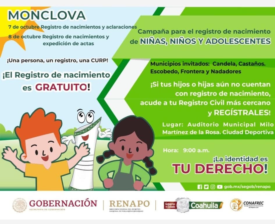 Invita Registro Civil a brigada de actas de nacimiento en Monclova